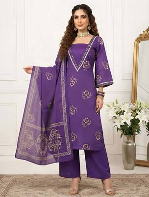 Purple floral printed cotton kurta set 1