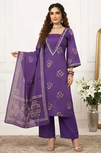 Purple floral printed cotton kurta set