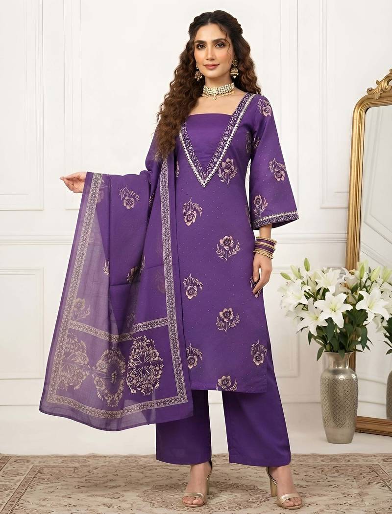 Purple floral printed cotton kurta set