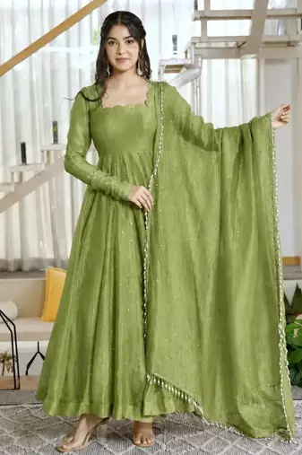 Green silk blend plain flared gown set