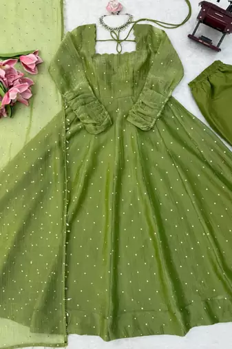 Green silk blend plain flared gown set
