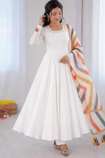 White cotton poly embroidered anarkali set
