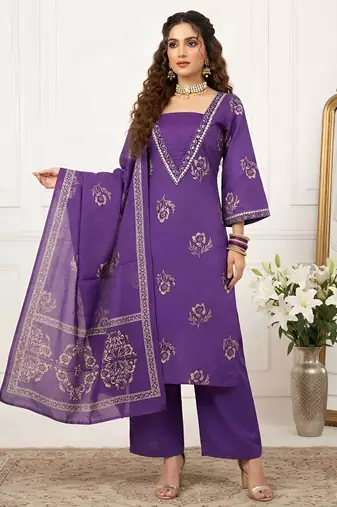Purple floral printed cotton kurta set