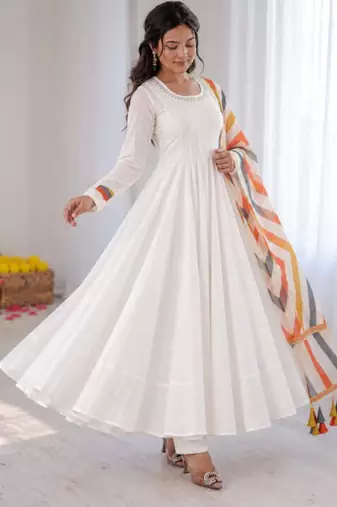 White cotton poly embroidered anarkali set