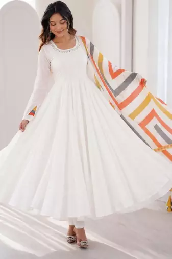 White cotton poly embroidered anarkali set
