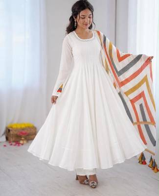 White cotton poly embroidered anarkali set 4