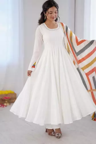 White cotton poly embroidered anarkali set