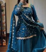 Teal-blue silk blend embroidered palazzo set