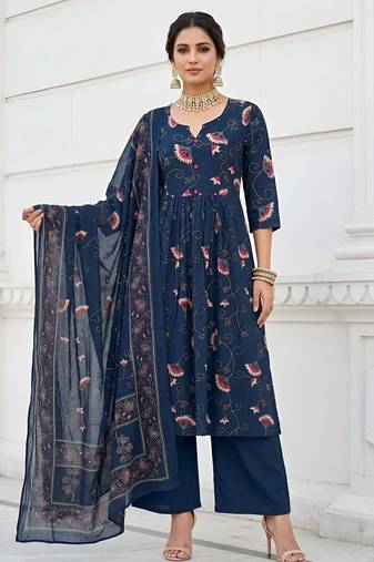 Blue floral printed cotton kurta set