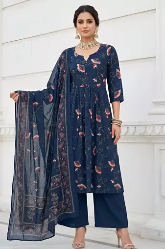 Blue floral printed cotton kurta set