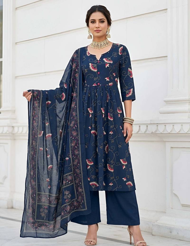 Blue floral printed cotton kurta set