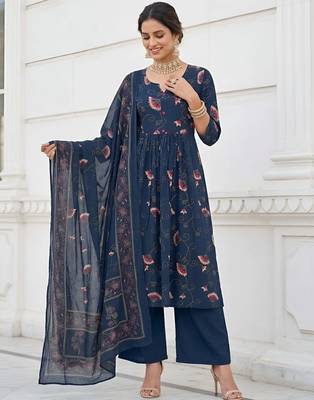 Blue floral printed cotton kurta set 3