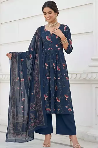 Blue floral printed cotton kurta set