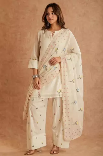 Cream silk blend embroidered farshi salwar set