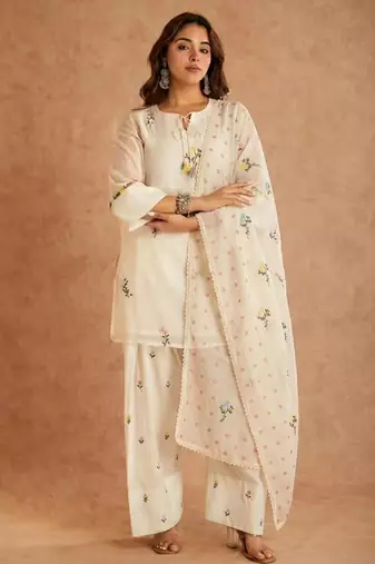 Cream silk blend embroidered farshi salwar set