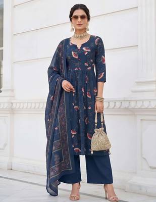 Blue floral printed cotton kurta set 4