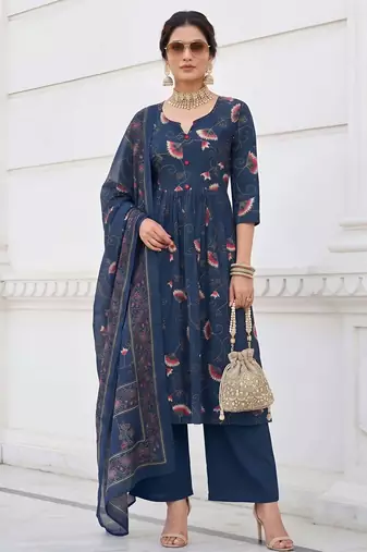 Blue floral printed cotton kurta set