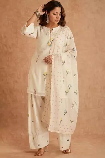 Cream silk blend embroidered farshi salwar set