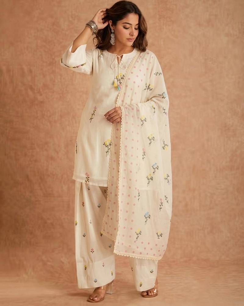 Cream silk blend embroidered farshi salwar set