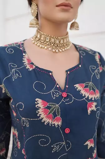 Blue floral printed cotton kurta set