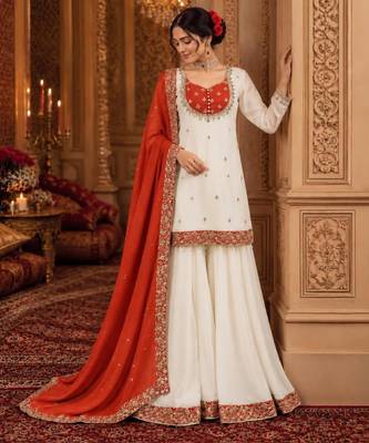 White silk blend embroidered palazzo set 1