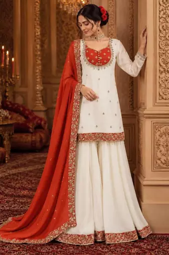 White silk blend embroidered palazzo set