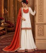 White silk blend embroidered palazzo set