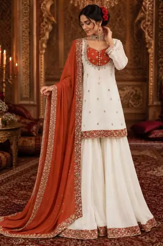 White silk blend embroidered palazzo set