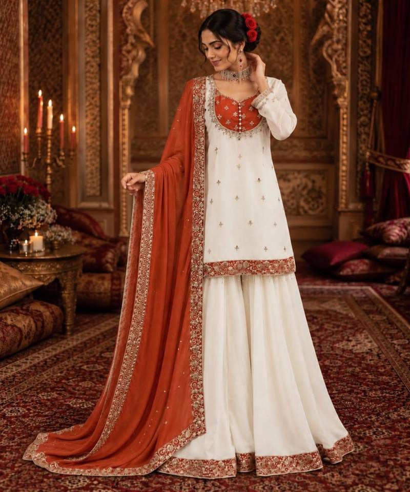 White silk blend embroidered palazzo set
