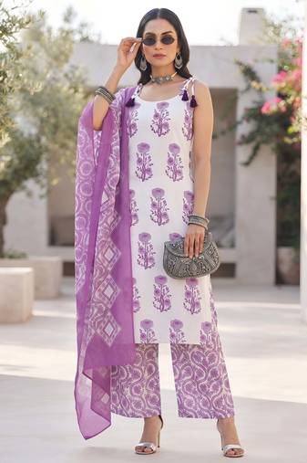 White floral printed cotton kurta set