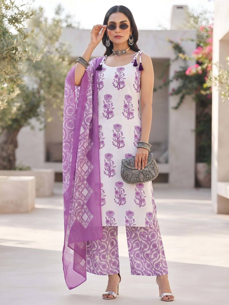 White floral printed cotton kurta set