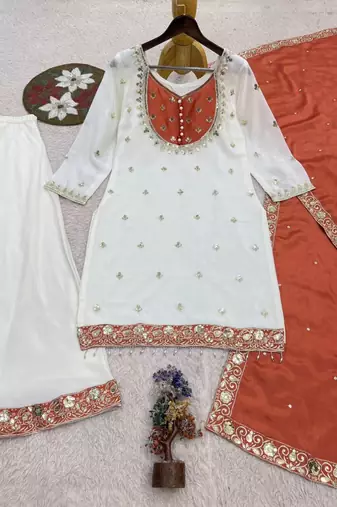White silk blend embroidered palazzo set