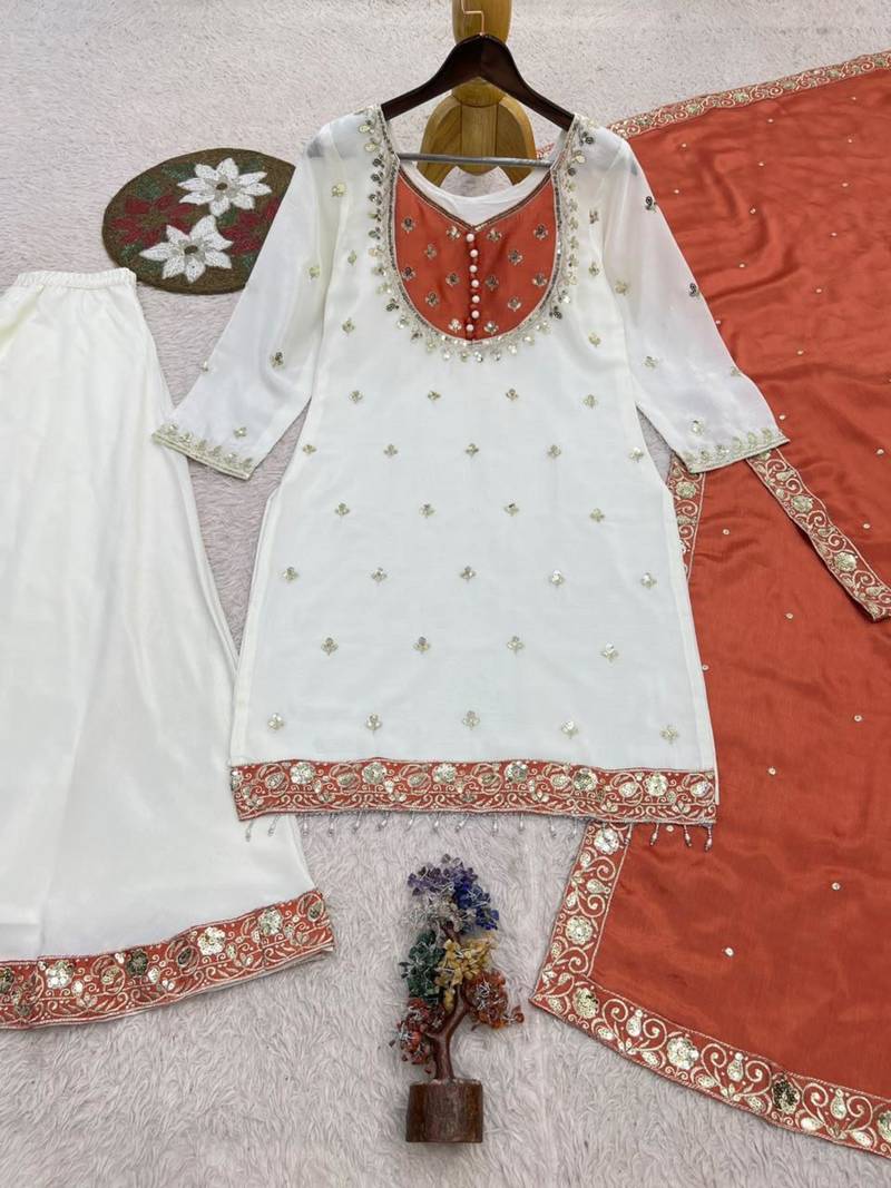 White silk blend embroidered palazzo set