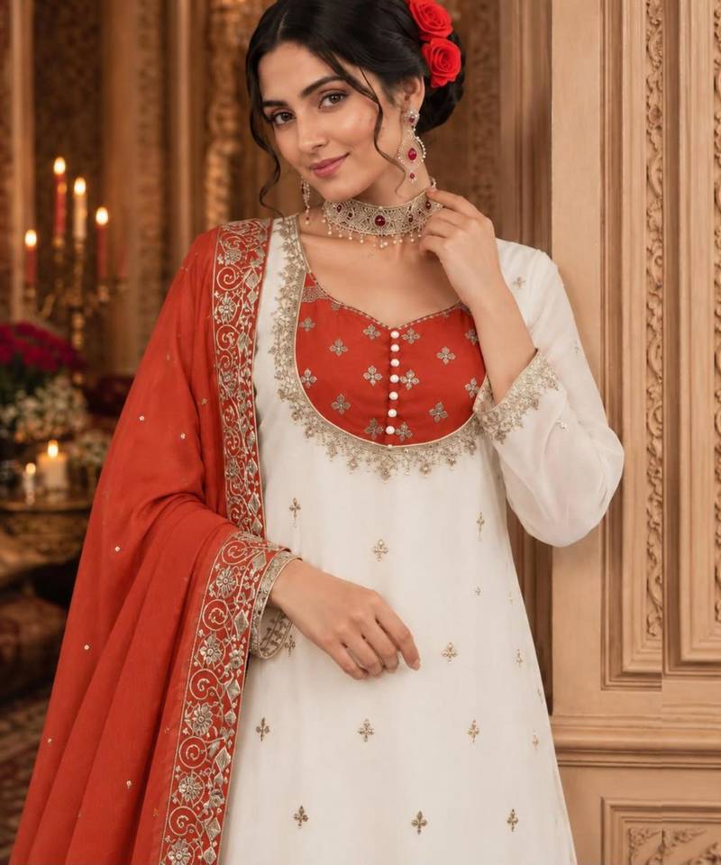 White silk blend embroidered palazzo set