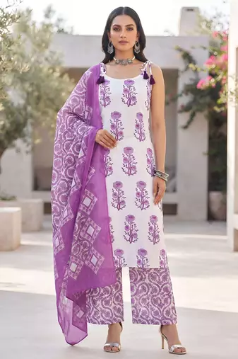 White floral printed cotton kurta set