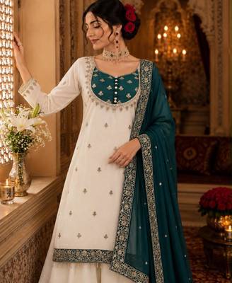 White silk blend embroidered palazzo set 1