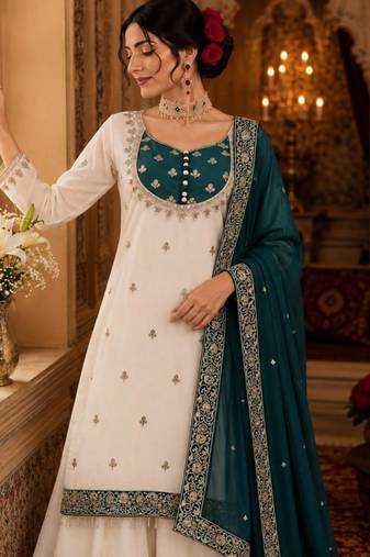 White silk blend embroidered palazzo set