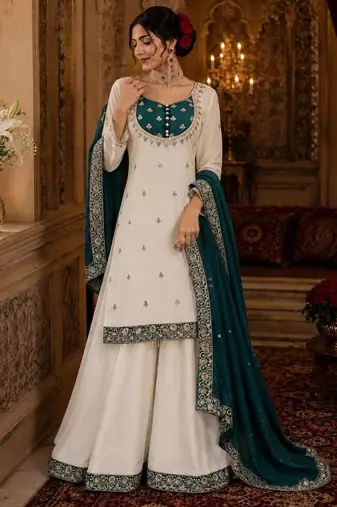 White silk blend embroidered palazzo set