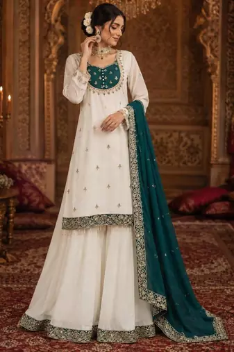 White silk blend embroidered palazzo set