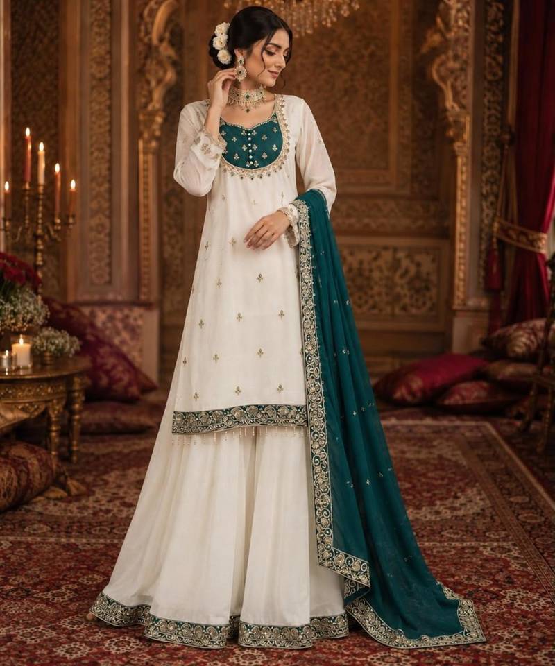 White silk blend embroidered palazzo set