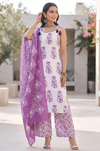 White floral printed cotton kurta set