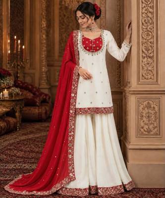 White silk blend embroidered palazzo set 1