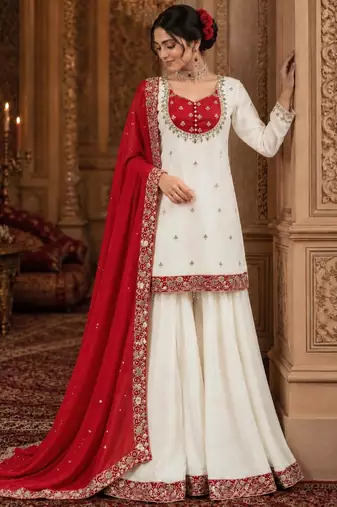 White silk blend embroidered palazzo set