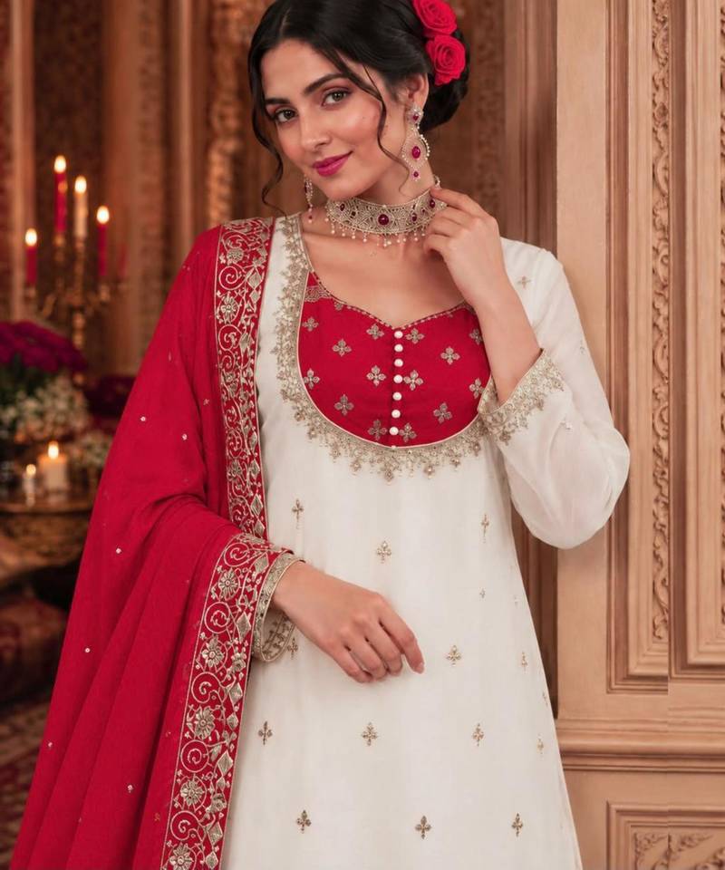 White silk blend embroidered palazzo set