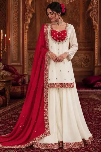 White silk blend embroidered palazzo set