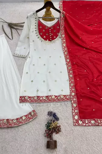 White silk blend embroidered palazzo set
