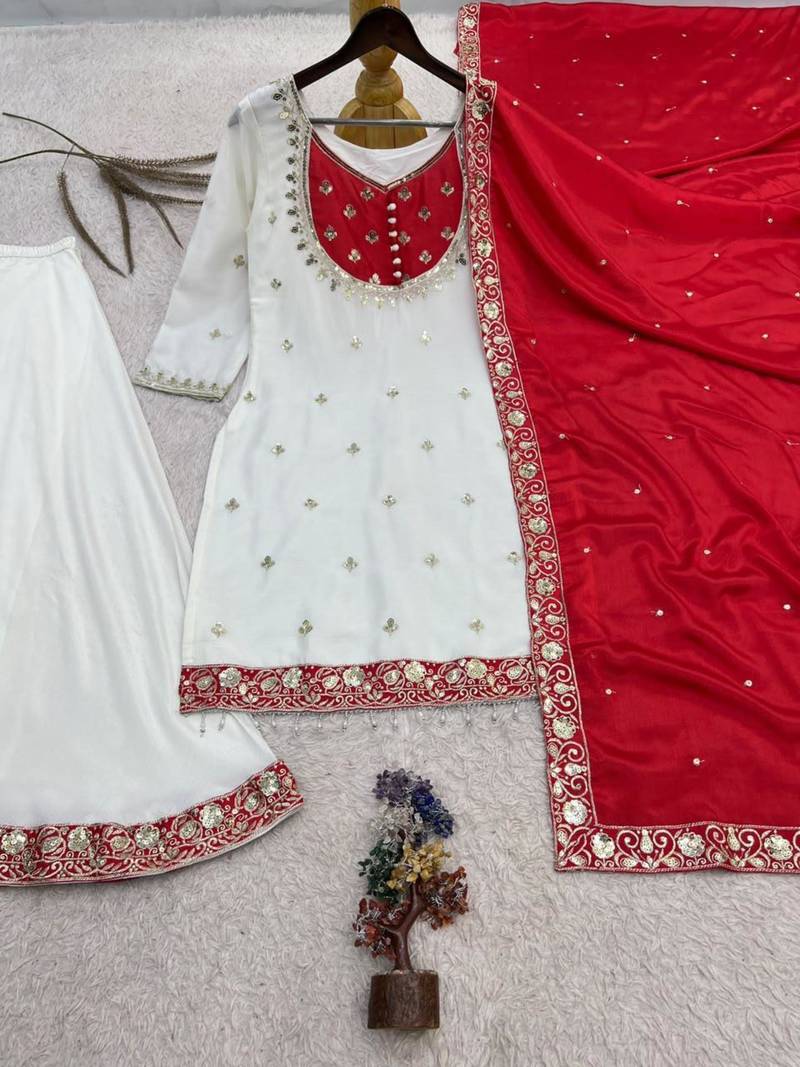 White silk blend embroidered palazzo set