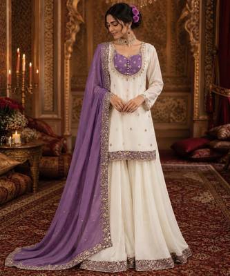 White silk blend embroidered palazzo set 1