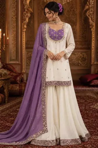 White silk blend embroidered palazzo set