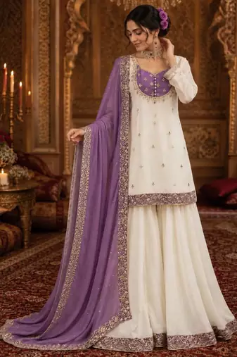 White silk blend embroidered palazzo set